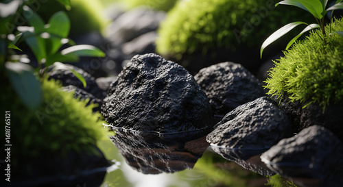 Mystical Garden: A serene macro shot showcases a tranquil natural rock arrangement, speckled with green moss and fresh plant life, reflecting the sun's soft light and creating a zen atmosphere.
