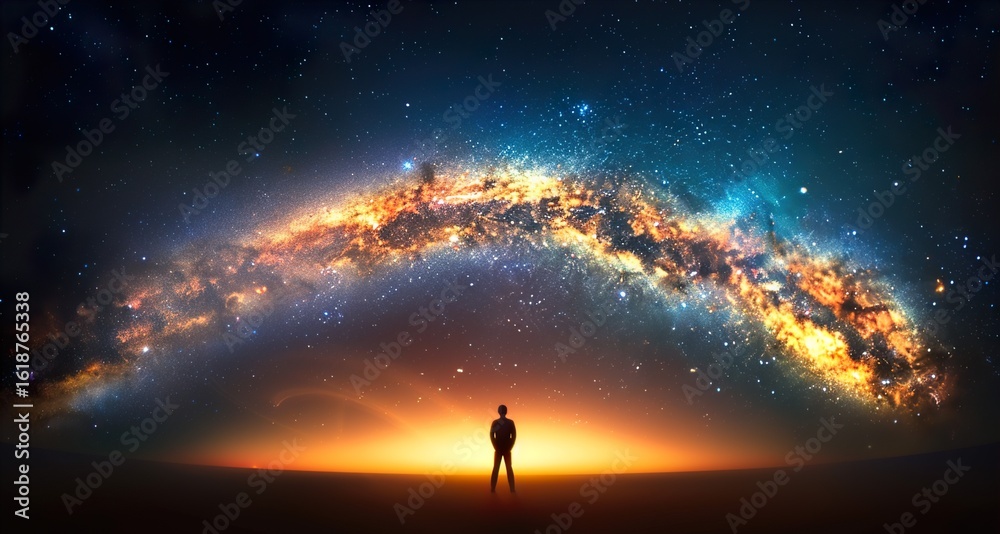 Fototapeta premium A silhouetted figure stands in awe beneath a vibrant galaxy, showcasing a mesmerizing blend of colors and stars against a twilight horizon.