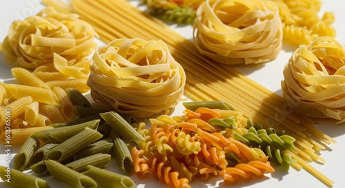 Colorful pasta types to prepare with green pesto sauce served at a dinner party