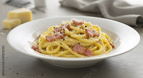 Pasta with white sauce and bacon in a restaurant setting