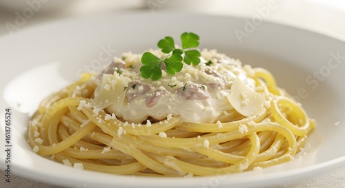 Spaghetti and pasta served with fresh green pesto sauce on a plate