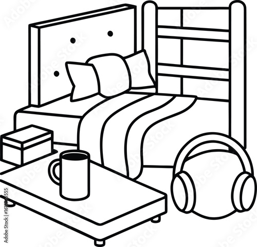 dorm with soft bedding headphones and mug