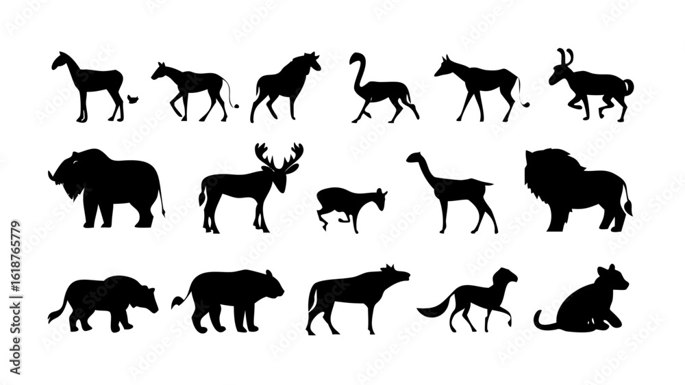 Fototapeta premium Minimalist Black Animal Icon Set with Lion, Elephant, Giraffe, and More — Simplified Wildlife Symbols on White Background