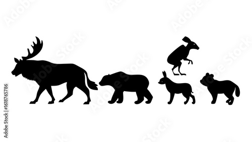 Minimalist Black Animal Icon Set with Lion, Elephant, Giraffe, and More — Simplified Wildlife Symbols on White Background