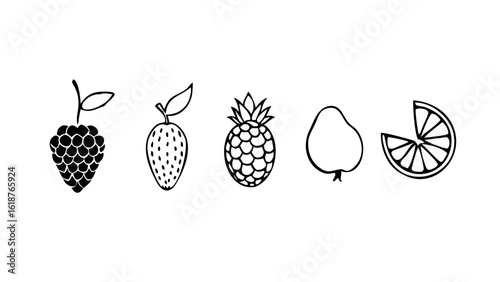 Minimalist Black Fruit Icons on White Background — Modern Flat Design Featuring Pear, Strawberry, Pineapple, Lemon, and Grapes