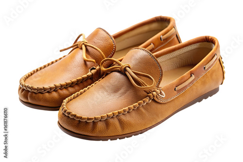 Classic tan leather moccasin shoes with intricate stitching and decorative bow detail isolated on transparent background