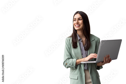 Professional businesswoman working on laptop, smiling confidently, transparent backdrop