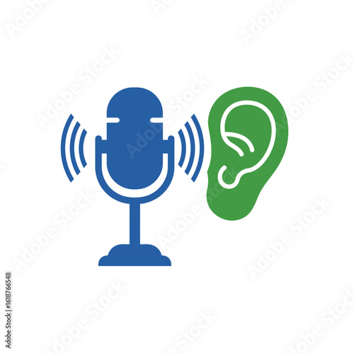 Illustration of a blue microphone emitting sound waves next to a green human ear, representing listening or audio.