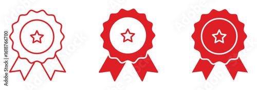 Badge with ribbons icons. Set of three medals icon. Winning award, prize, medal or badge. Vector illustration isolated on white background.