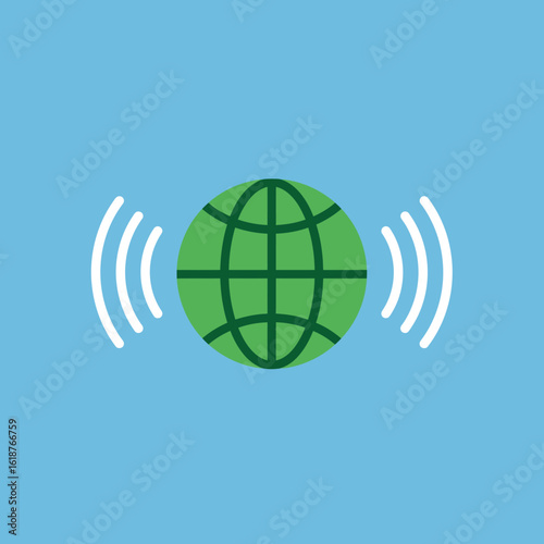 A green globe with grid lines emitting white signal waves on a blue background, representing global communication.