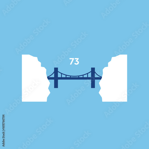Minimalist illustration of a blue suspension bridge spanning a gap between two white cliffs, with the number 73 displayed above the bridge.