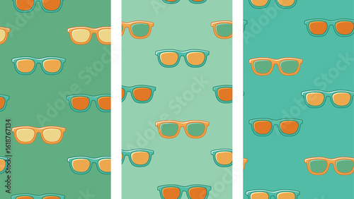 Summer Sunglasses Seamless Pattern Green Teal Background Modern retro vibe with vibrant color combinations Bright, cheerful design ideal for summer collections, beachwear, textile prints