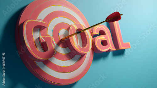 Arrow hitting goal target with pink and white rings on a blue background in a studio shot