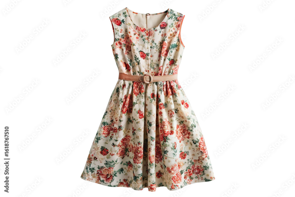 Obraz premium Elegant sleeveless floral print midi dress with a belted waist isolated on transparent background