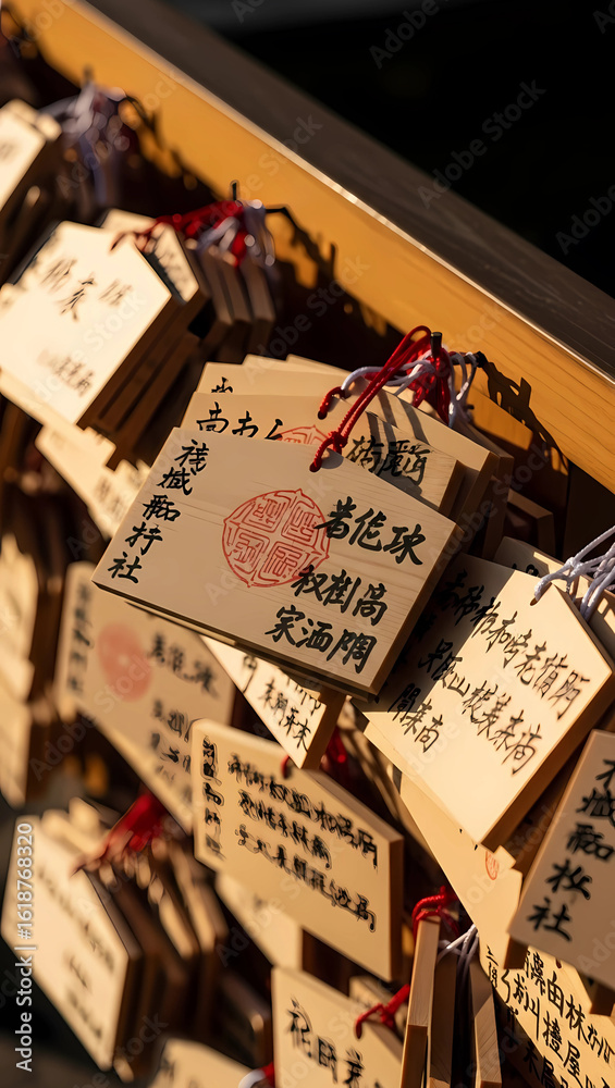 Obraz premium Japanese Wooden Wishing Plaques with Traditional Japanese Writing and Red Seal Detail in Sunlight