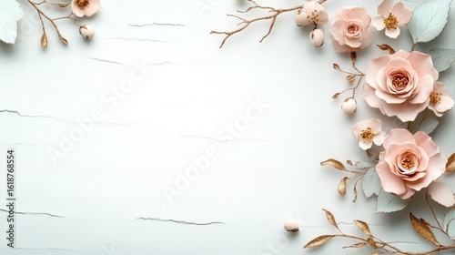 Greeting card in pastel tones with delicate flowers and green leaves, free area for writing, perfect for birthdays or weddings.