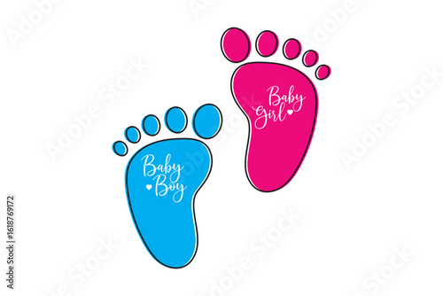 Baby boy and baby girl footprints. Blue and pink kids feet. Stickers for baby shower party. Vector isolated illustration.