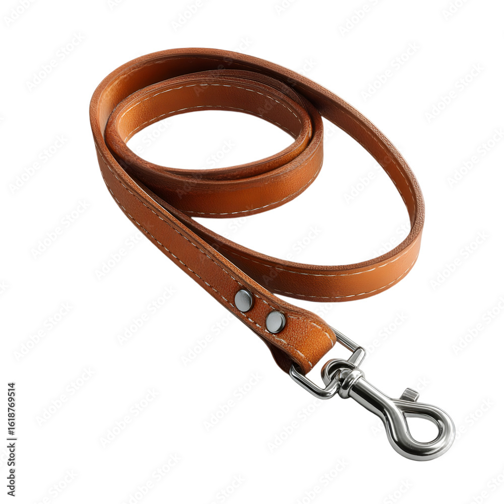 Obraz premium A sturdy brown leather dog leash with a metal clip isolated on transparent background