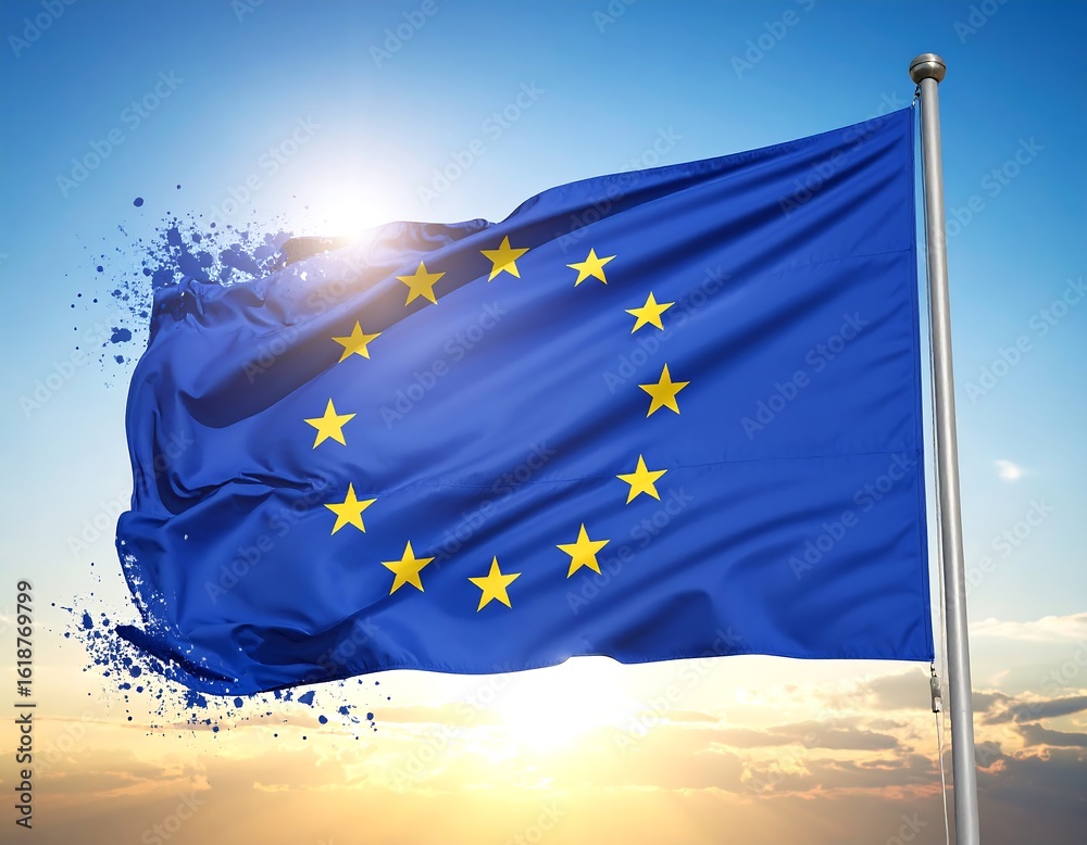 European Union flag waving in a vibrant sunset sky European Union flag waving in a vibrant sunset sky