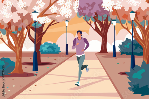 Mężczyzna uprawiający jogging w malowniczym parku wśród kwitnących drzew. Ilustracja symbolizująca zdrowy styl życia i aktywność na świeżym powietrzu.