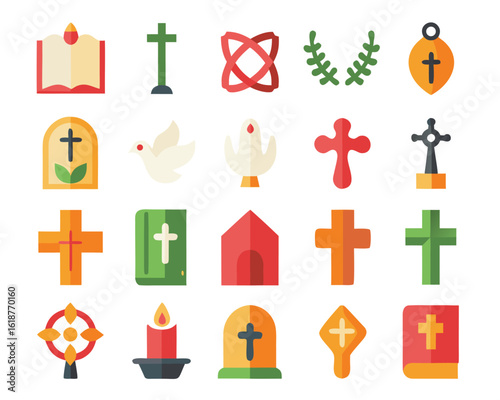 Collection of flat style christian religious symbols representing faith and spirituality in a clean design