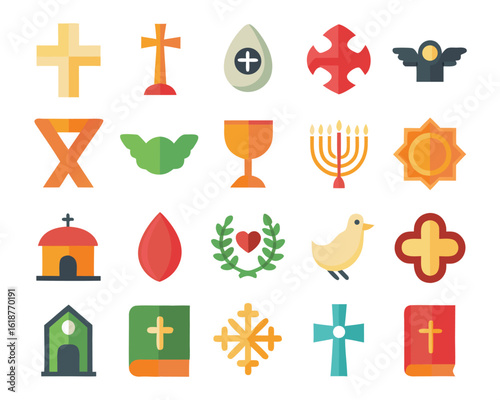 Collection of stylized christian faith symbols presented in a clean modern flat iconographic style with distinct color accents