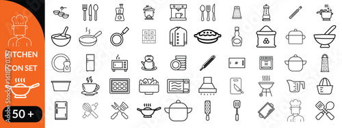 Kitchen Utensil icon set. Editable Stroke Icon Collection. Includes chopping board, cooking pots, frying pan, grater, kitchen scale, and More. Outline icons vector collection