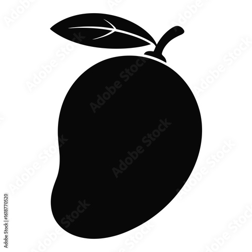 Black silhouette of a mango with a leaf on a white background fruit