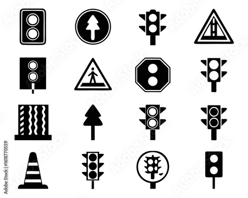 Comprehensive collection of monochrome and colorful road safety signs essential for navigation and regulatory guidance in transportation systems and urban planning