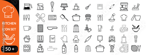 Kitchen Utensil icon set. Editable Stroke Icon Collection. Includes chopping board, cooking pots, frying pan, grater, kitchen scale, and More. Outline icons vector collection