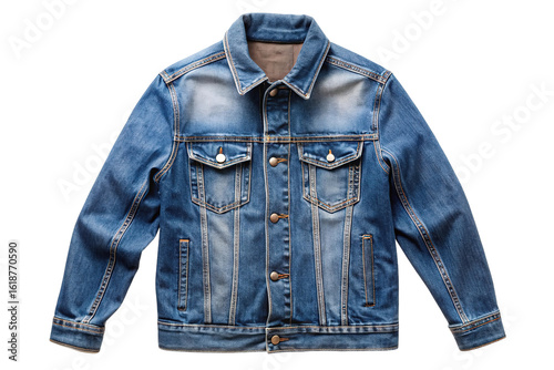 Classic blue denim trucker jacket with distressed detailing and metal buttons isolated on transparent background