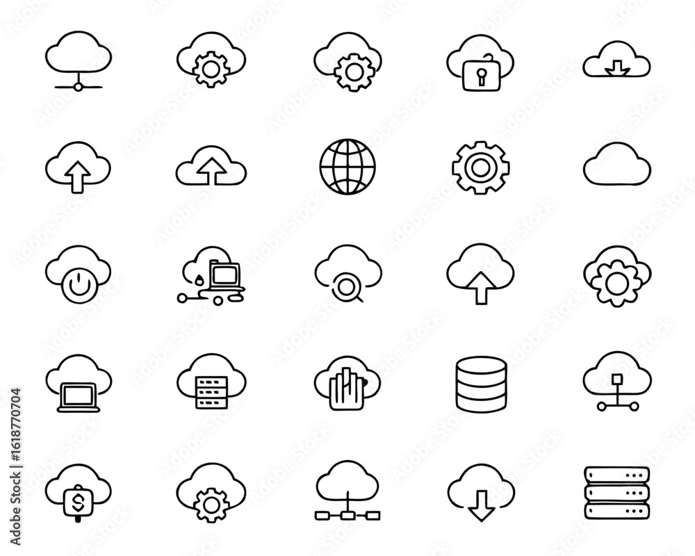 Fototapeta premium Comprehensive collection of cloud computing symbols and elements designed for digital services and technology applications presented in a clean graphic style
