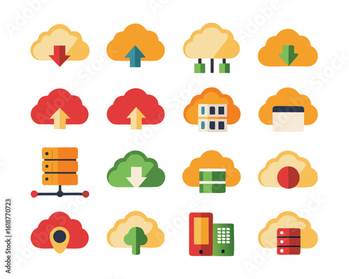 Comprehensive collection of cloud computing symbols and digital service elements showcasing data storage and network connectivity concepts in a modern graphic design