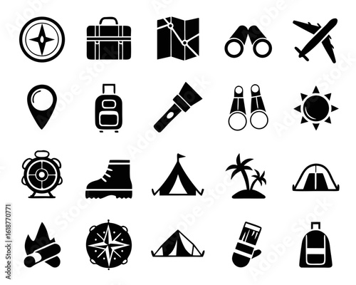 Comprehensive collection of travel and tourism pictorial elements showcasing global exploration and leisure activities for diverse applications
