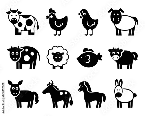 Charming collection of cheerful farm animal characters rendered in a vibrant playful cartoon style with bold outlines and bright eye catching colors