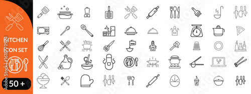 Kitchen Utensil icon set. Editable Stroke Icon Collection. Includes chopping board, cooking pots, frying pan, grater, kitchen scale, and More. Outline icons vector collection