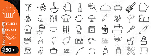 Kitchen Utensil icon set. Editable Stroke Icon Collection. Includes chopping board, cooking pots, frying pan, grater, kitchen scale, and More. Outline icons vector collection