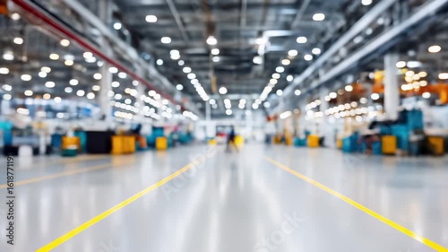 Wallpaper Mural Modern industrial warehouse facility with yellow floor markings and blurred background. Large manufacturing space with organized layout, bright ceiling lights, and systematic workflow design Torontodigital.ca