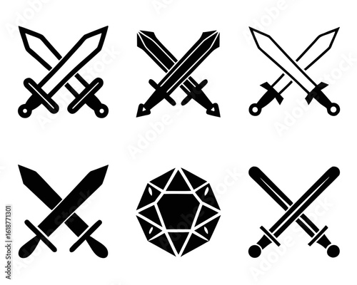 Illustrative depiction featuring crossed medieval weaponry alongside a polyhedral gaming die presented in a clean line art style
