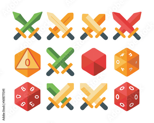 Illustrative graphic featuring crossed medieval swords alongside a polyhedral die with many faces presented in a clean line art style with vibrant color accents