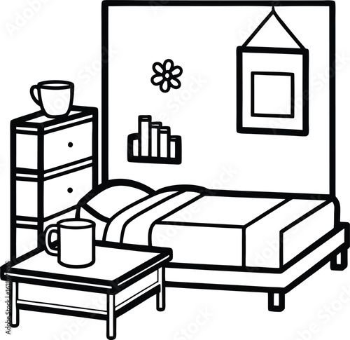 dorm with tidy bed nightstand and mug