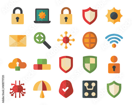 Comprehensive cyber security icon collection featuring data protection network defense and digital threat prevention elements in vibrant colors