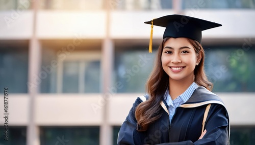 Nepali Female College Student in Graduation Cap with College Background