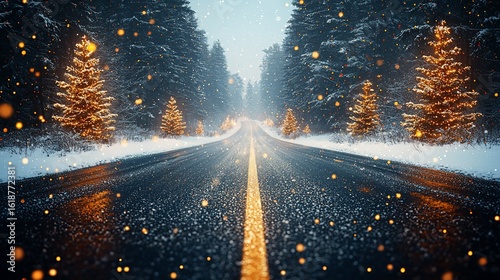 Snowy road through christmas decorated forest