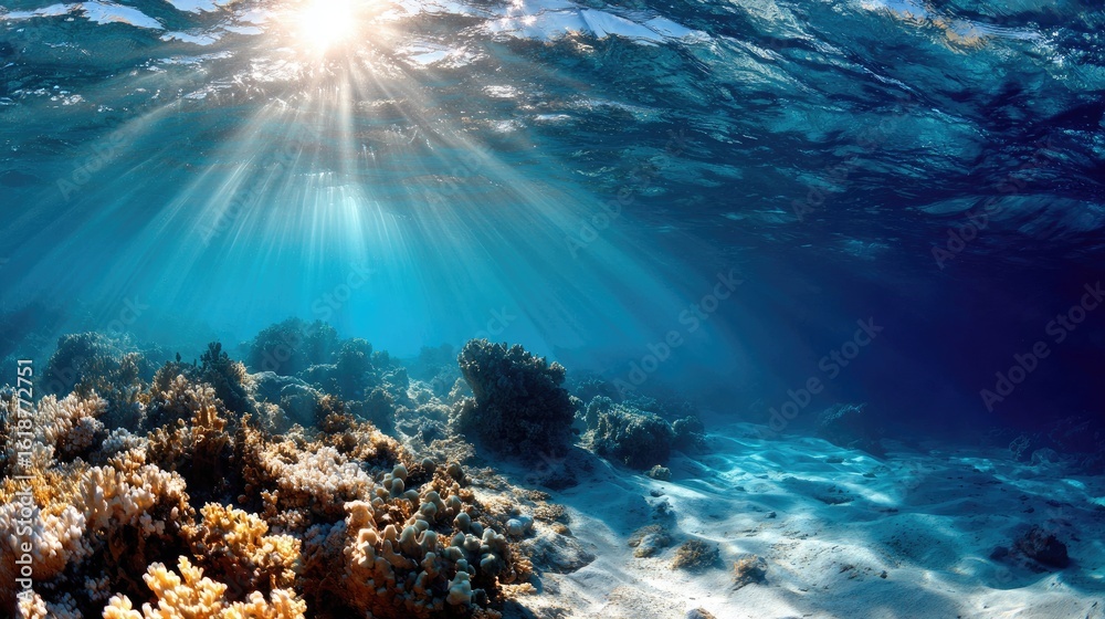 Naklejka premium Sunbeams pierce ocean, coral reef