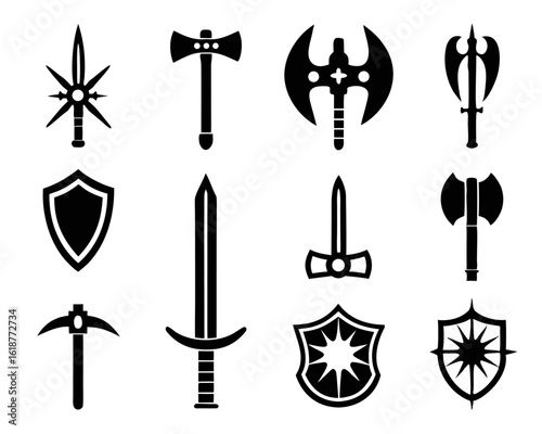 Monochrome vintage engraved fantasy weapon icons for graphic design projects featuring swords axes and daggers with a classic aesthetic