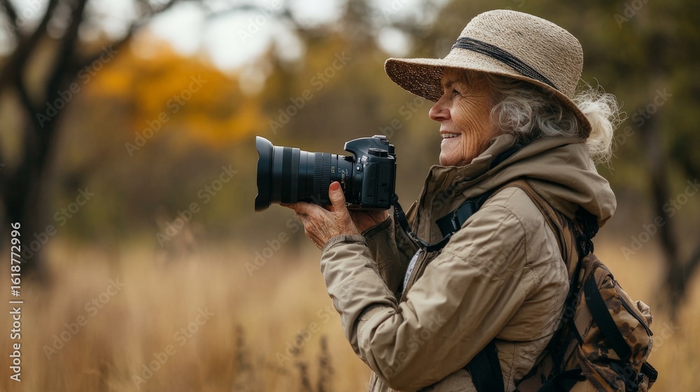 Obraz premium A woman wearing a straw hat and a brown jacket is holding a camera. She is smiling and she is enjoying her time taking pictures