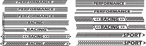 racing stripe vector set, race car vector, checkered flag designs, racing stripe speed, decal patterns, dynamic lines, competition, automotive graphics, black and white finish line motorsport. V7