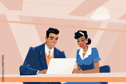 Para biznesmenów w stylu retro współpracuje przy projekcie na laptopie. Ilustracja symbolizująca partnerstwo biznesowe i pracę zespołową.