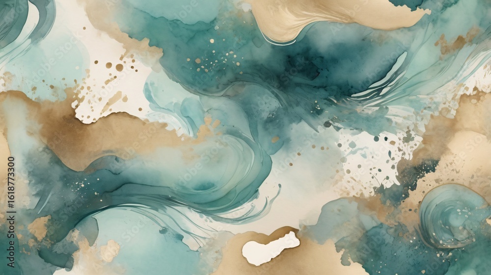 Fototapeta premium Elegant abstract background with flowing teal and sand-colored ink washes creating a serene, marbled effect.